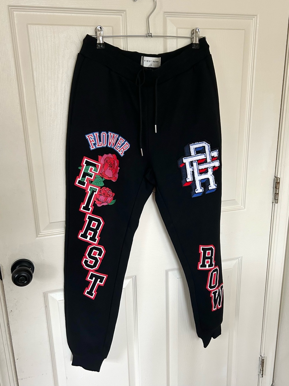First Row Graphic Sweatpants Size Large Flower Varsity Letter Print Cotton NWOT